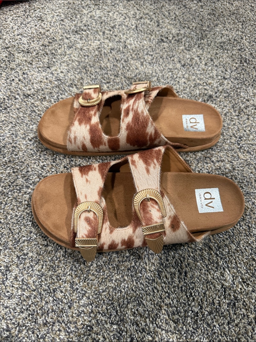 DV by Dolce Vita Brown and Cream Cowhide Slide Sandals with Gold Buckles